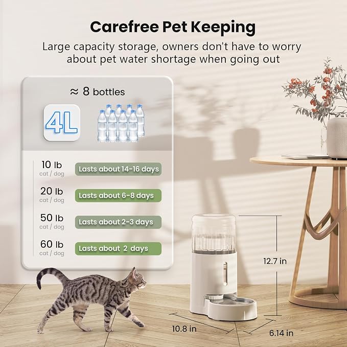 CZPET 4L Pet Water Dispenser Without Electricity Unplugged Automatic Water Bowl Dispenser Gravity Water, 4L, White