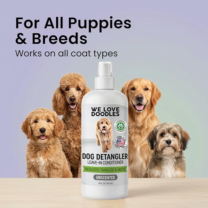 Dog Detangler Spray, Leave-in Conditioner Spray for Dogs, Unscented, 16 oz | Best Detangling & Dematting Spray for Dogs, Tangled & Matted Hair Remover for Goldendoodles, Doodles & Poodles, Made in USA