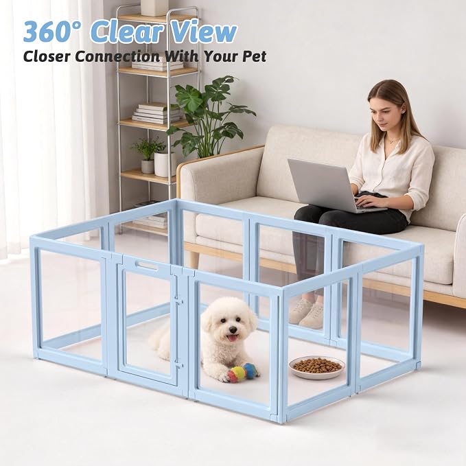 DIY Clear Acrylic Dog Playpen House,Quick Easy Assembly and Disassembly,Strong Floor Suction,Indoor and Outdoor Use,Easy Cleansing Puppy Fence (Sky Blue, 23.6" H, 10PCS)