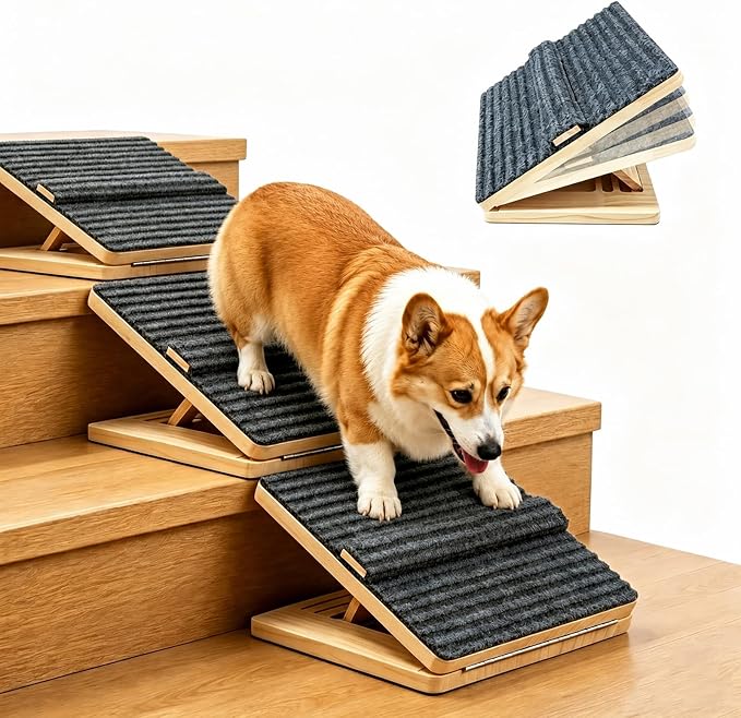 3 Pack Dog Ramp for Stairs – Solid Wood Adjustable & Foldable, 4 Heights, Non-Slip Silicone Base, Traction Felt, Raised Pause Strip, 35lb for Small & Senior Dogs