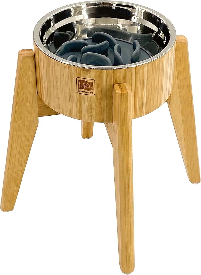 Elevated Slow Feeder Dog Bowls Large Breed - (12-inch-high) - Raised Bowl with Anti-Choking Insert - Stainless Metal and Bamboo