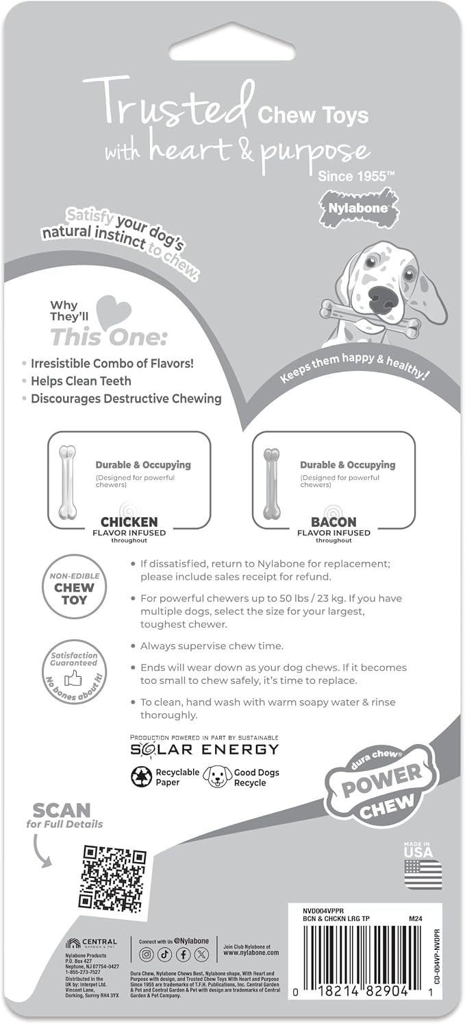 Nylabone Power Chew Original Bone Dog Toys, Chicken & Bacon Flavor, 2 Count | Large breeds, durable chew toys, discourages destructive chewing, long lasting, flavor throughout, for dogs up to 50 pounds