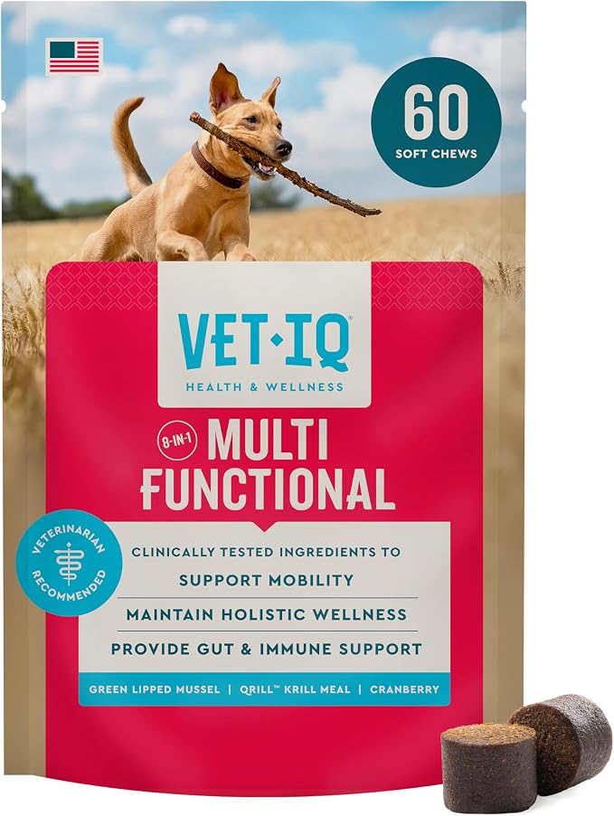 VetIQ 8-in-One Multifunctional Supplements for Dogs, Supports Hip & Joint, Urinary Tract, Immune System, Skin Health and Heart Health, Soft Chews, Made in the USA, 60 Count