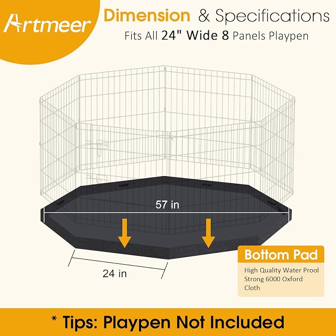 Artmeer Dog Playpen Bottom Pad Cover, Waterproof 600D Oxford Replacement Floor Mat for 24 Inch Wide 8 Panel Octagonal Pet Exercise Pen, Indoor Outdoor, Black, Playpen Not Included