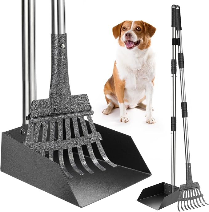 SCENEREAL Dog Pooper Scooper for Yard-Tray & Rake Set, Long Handle Metal Poop Scooper for Large Medium Small Dogs, Pet Waste Removal Scoop with No Bending Detachable for Outdoor Grass Dirt Gravel