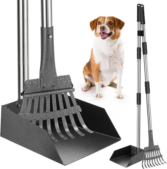 SCENEREAL Dog Pooper Scooper for Yard-Tray & Rake Set, Long Handle Metal Poop Scooper for Large Medium Small Dogs, Pet Waste Removal Scoop with No Bending Detachable for Outdoor Grass Dirt Gravel