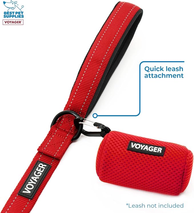 Best Pet Supplies Dog Poop Bag Holder Leash Attachment with 15 Bags, Red, Reusable Mesh Dispenser Pouch for Travel, Walking, Park, and Outdoor Use, Soft and Durable with Clip-On