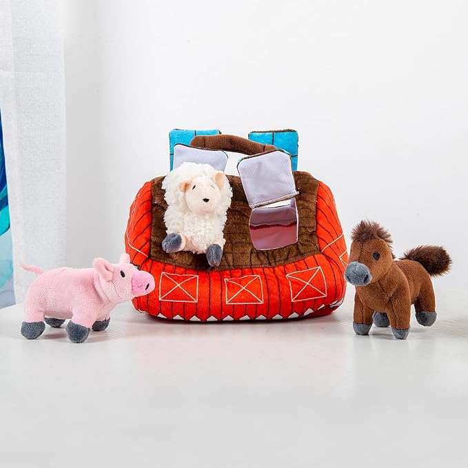 Hollypet Squeaky Hide and Seek Dog Toys for Small and Medium Dogs, Farm | Interactive Plush Stuffed Dog Squeak Toys for Small Medium Sized Dogs and Non-Aggressive Chewers, Puppy Teeth Clean Chew Toys