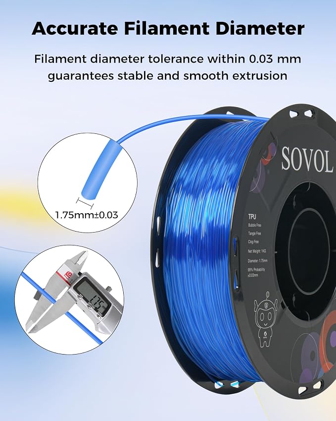 Sovol TPU Filament 1.75mm, 95A Soft TPU Flexible 3D Printer Filament with High Elasticity, 1kg (2.2lbs), Dimensional Accuracy +/- 0.03 mm, Fit Most FDM Printer, Clear Blue