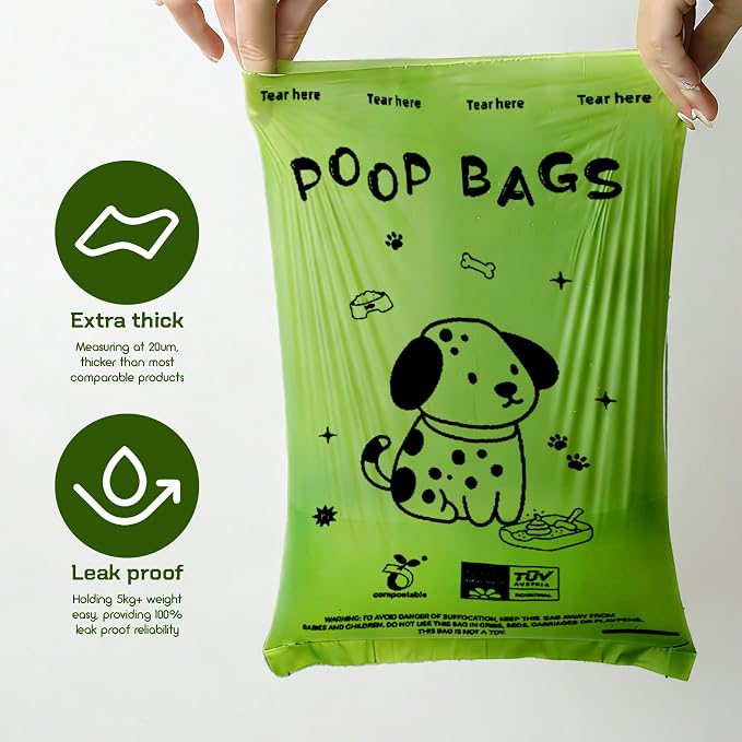 Dog Poop Bags Rolls-Biodegradable dog poop bags, Compostable Dog Waste Bags, ASTM D6400 & EN 13432 Compliant BPI Certified Pet Waste Bags. Earth Friendly 450 waste bag including dispenser