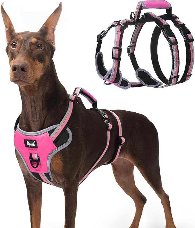 PUPTECK Escape Proof Dog Harness with Padded Handle, No Pull Pet Vest Harness Durable Reflective for Medium Large Dogs Walking Training and Running, Pink, XL