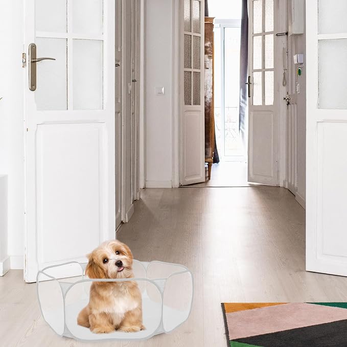 Portable Foldable Pet Playpen for Small Animals and Dogs, Grey Polyester Mesh Hexagonal Pen with Carry Bag, Indoor Safety Enclosure for Rabbits, Guinea Pigs, Hamsters, and Puppies