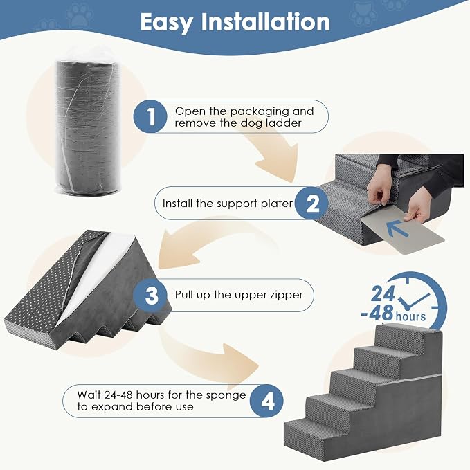 DUMOS Dog Stairs for Small and Medium Dogs, 5-Step Pet Steps with High-Density Foam, Indoor Non-Slip Pet Ramp for Puppy and Older Dogs Cats, Dog Bed Stairs for Couch and Sofa, Grey
