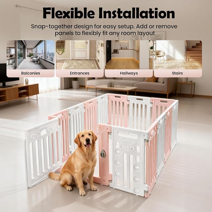 Dog Playpen, Large Pet Playpen with Cute Patterns & 1 Door & 11 Freely Combinable Panels Dog Fence Large Crate for Pets Pet Safety Fence Pet Essentials for Small/Medium Dogs (Pink & White)