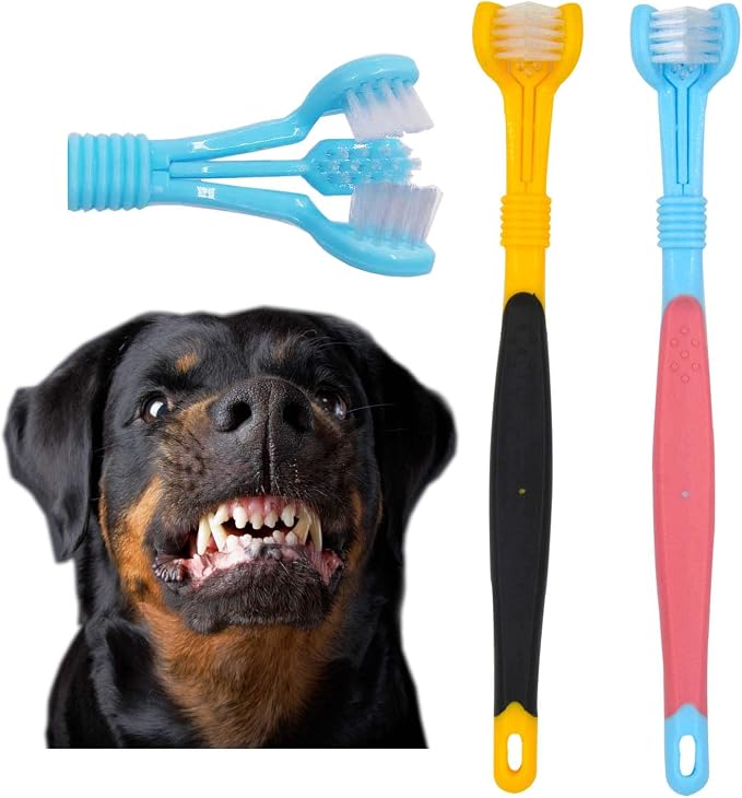 Dog Toothbrushs, 2pcs Blue Yellow, Suitable for Adult Dogs, Three Sided Design for Easy Teeth Cleaning