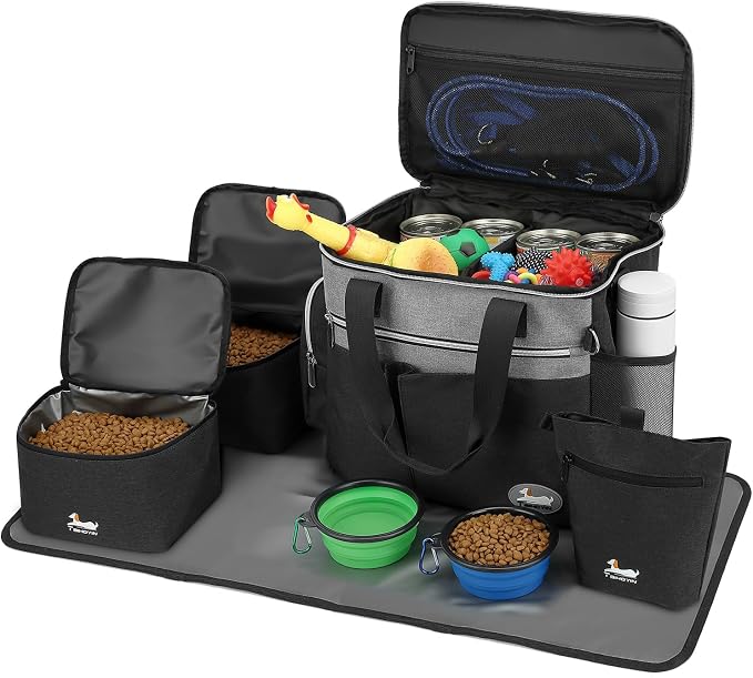 Dog Travel Bag 7-Piece Set with Food Containers, Bowls & Treat Pouch, Black