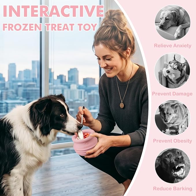 Treat Dispensing Dog Toy, Long-Lasting Interactive Puzzle Toys for Dogs, Stuffable Dog Enrichment Frozen Lick Treat Toy for Boredom, BPA Free Silicone Fetch Catch Chew Toy (Pink,M)