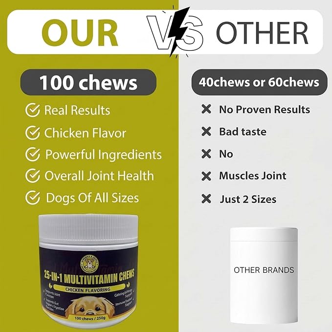 MEADOWS & MUTTS 25-in-1 Multivitamin for Dogs, 100 Soft Chews – Daily Dog Vitamins with Glucosamine, MSM, Omega-3 and Probiotics for Joint, Gut, Skin & Coat and Immune Support