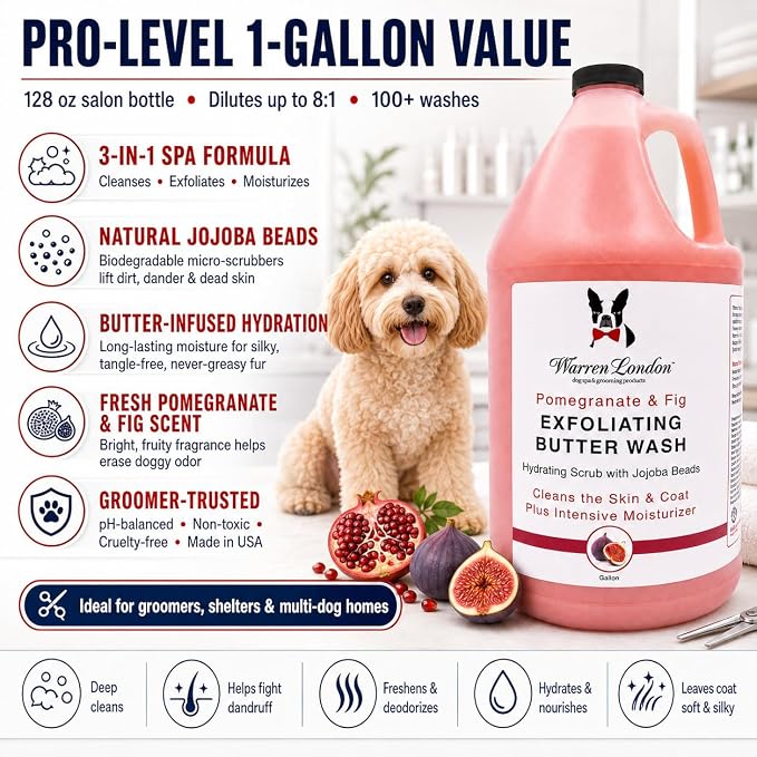 Warren London Exfoliating Butter Wash Dog Shampoo – Pomegranate & Fig, 1 Gallon Groomer Size | Cleansing, Conditioning & Exfoliating Shampoo with Jojoba Beads for Dry Skin, Odor & Shine | Made in USA