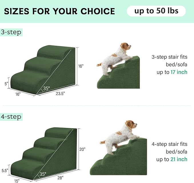 Mesa Lemon Dog Steps for Small Dogs, 4-Step Pet Ramp Stairs for High Beds and Sofa, Non-Slip Pet Stairs for Small Dogs and Cats, Removable and Easy to Clean Cover, Green