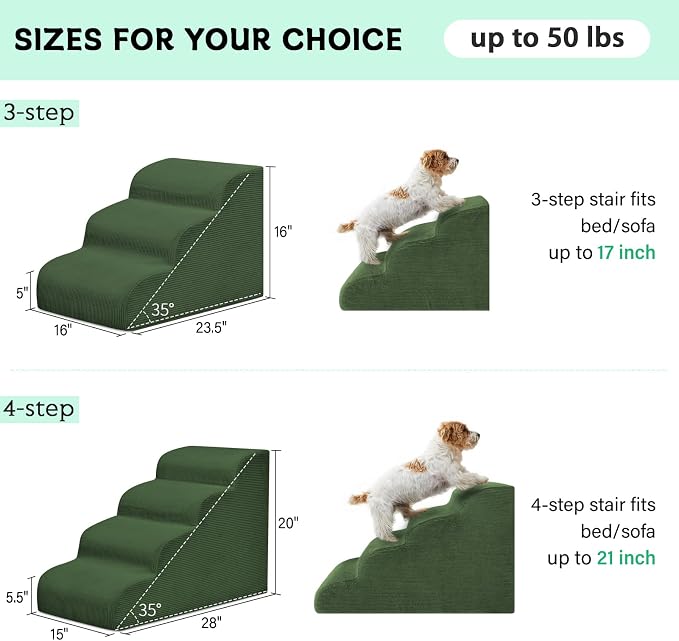 Mesa Lemon Dog Steps for Small Dogs, 3-Step Pet Ramp Stairs for High Beds and Sofa, Non-Slip Pet Stairs for Small Dogs and Cats, Removable and Easy to Clean Cover, Green