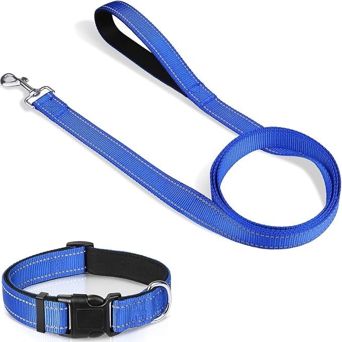 Joytale 6FT×1'' Dog Leash and Dog Collar (16-24"), Reflective Soft Neoprene Padded Pet Collars and Leashes for Large Dog, Navy Blue
