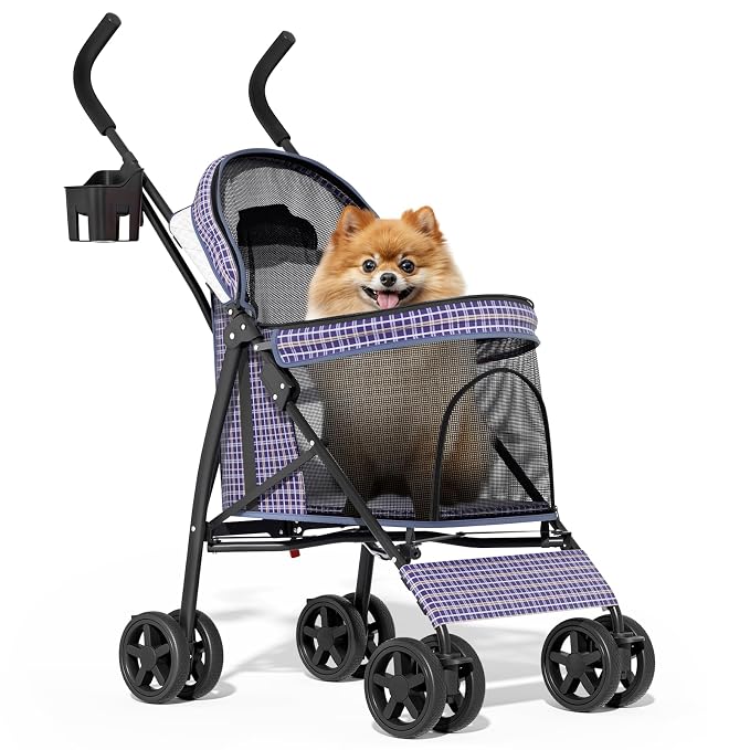 MoNiBloom 4-Wheel Foldable Pet Stroller - Plaid, up to 22lbs
