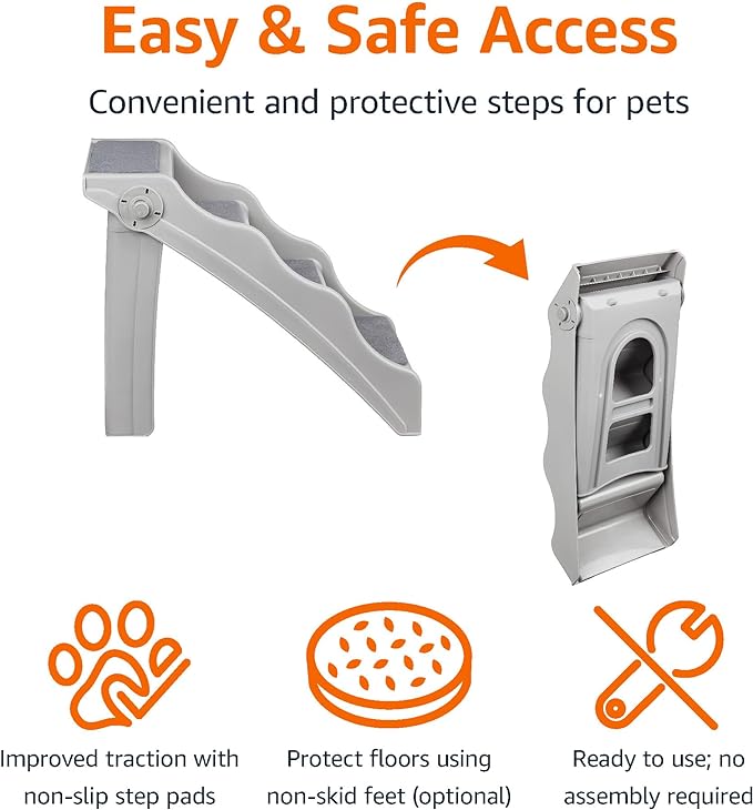 Amazon Basics Foldable Non-Slip Pet Stairs for Small Dogs and Cats, Senior Pets, Easy to Climb, 14.6" x 22.75" x 19.5", Grey
