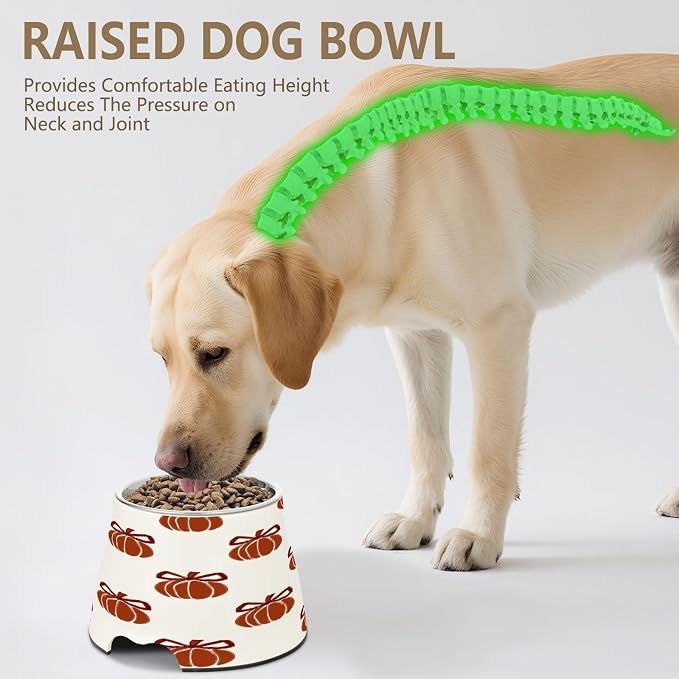 Blueangle Elevated Dog Bowls with Stainless Steel - Non-Slip 2.3 Cup High Capacity Pet Dish for Spinal Health & Pumpkins with Bows Design（160）