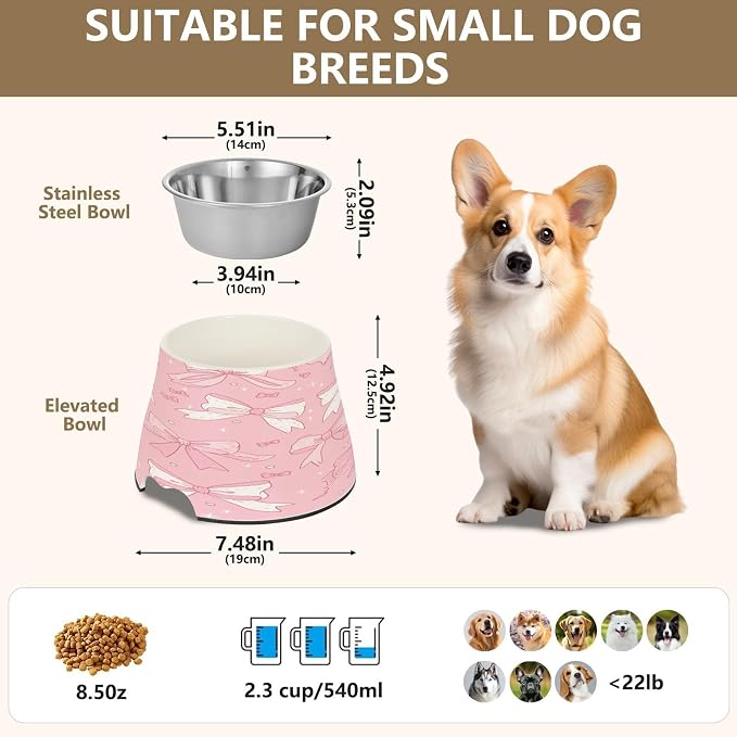 Blueangle Elevated Dog Bowls with Stainless Steel - Non-Slip 2.3 Cup High Capacity Pet Dish for Spinal Health & Cute Ribbon Bow Design（299）