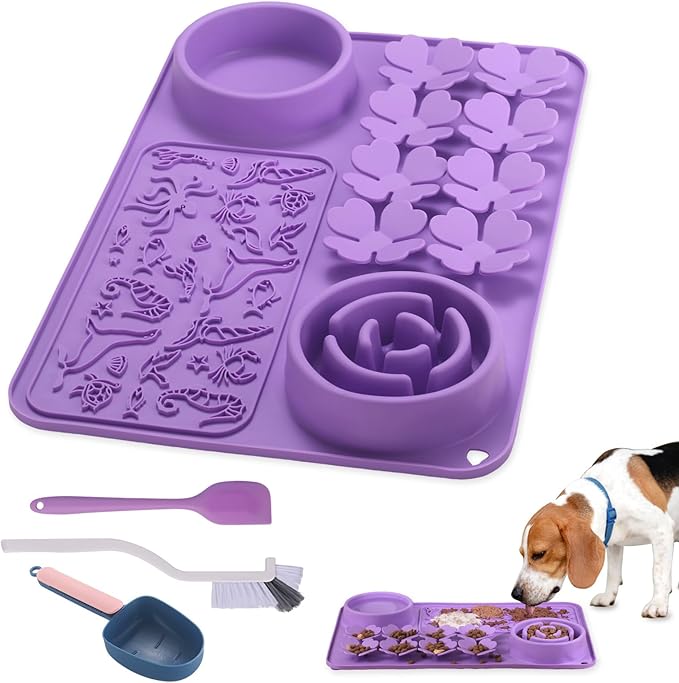 Silicone Lick Mat for Dogs & Cats – Slow Feeder Dog Bowl, Non-Slip Licking Mat for Large & Small Breeds, Puzzle Feeder & Snuffle Mat for Fast Eaters, Interactive Pet Food Mat with Measuring Spoon