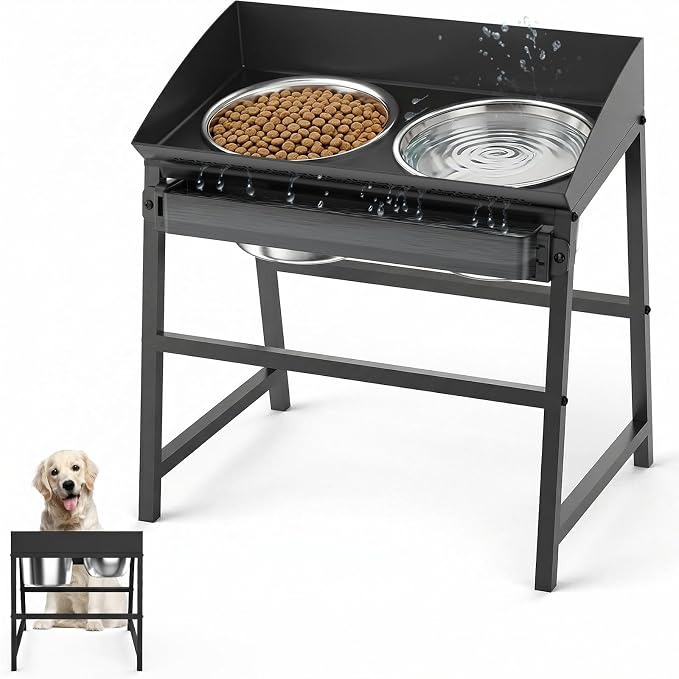 Bobbie & Laxi Elevated Dog Bowls for Large Dogs, 15-inch Tall Raised Dog Bowl Stand with Plastic Guard, Tilted Spill Proof Dog Bowl Design, Stainless Steel Food and Water Bowls for Mess-Free Floors