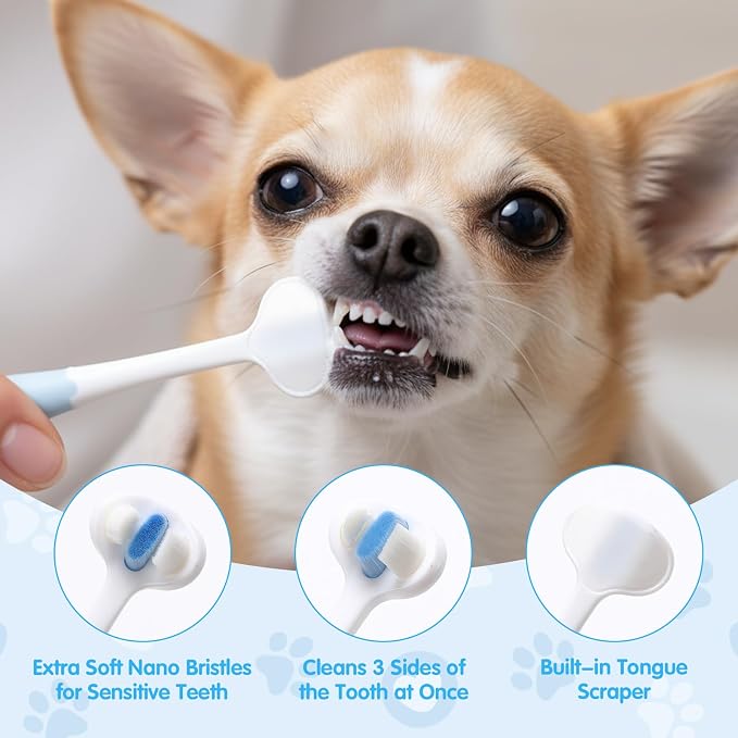 Chihuahua Toothbrush, Soft Small Dog Toothbrush, Silicone 360 Pet Tooth Brushes for Dogs and Cats, Canine Dental Care Set of 3 Different Shapes