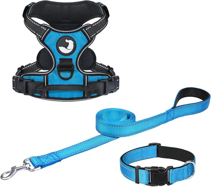 Joytale Dog Harness (Chest: 12-21"), Dog Collar and 6FT x 3/4" Wide Dog Leash Set, Reflective Padded Nylon Collar and Leash, Adjustable Soft Harness with Handle for Dogs