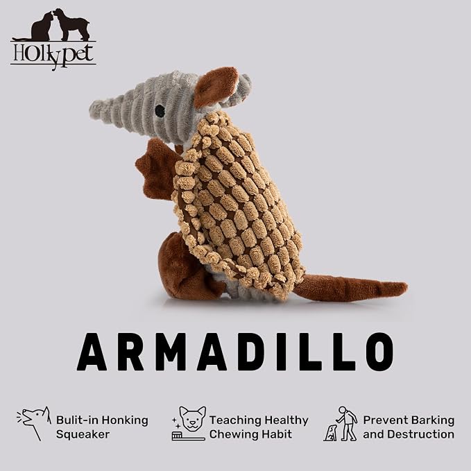 Hollypet Armadillo Squeaky Puppy Dog Toys for Small Medium Dogs, 8" | plush stuffed small dog squeak animal toy with unique grunt squeaker textured fabric for teeth cleaning toys
