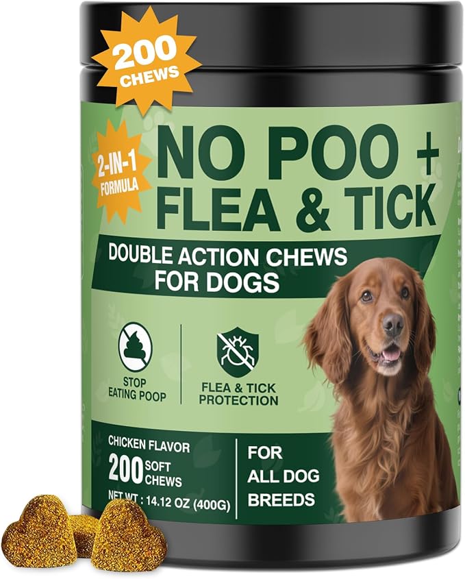 200 Chews Flea and Tick Prevention Chews-No Poo Chew for Dogs-2 in 1 Control Coprophagia & Flea Tick Supplement-Natural Soft Treats Deterrent Eat Poop with Digestive Enzymes Probiotics-Chicken