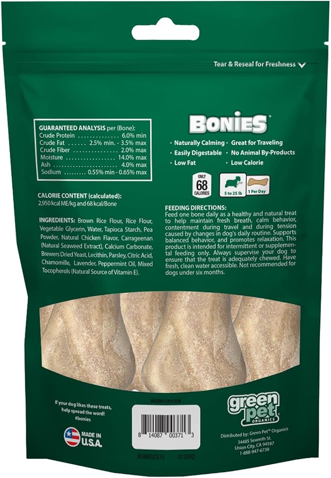 Bonies Natural Calming Formula Small-Sized Single Bone - Contains Chamomile & Lavender, Help Anxiety, Excessive Barking & Trembling, Chicken Flavor, [Small Dog], 15 Bones