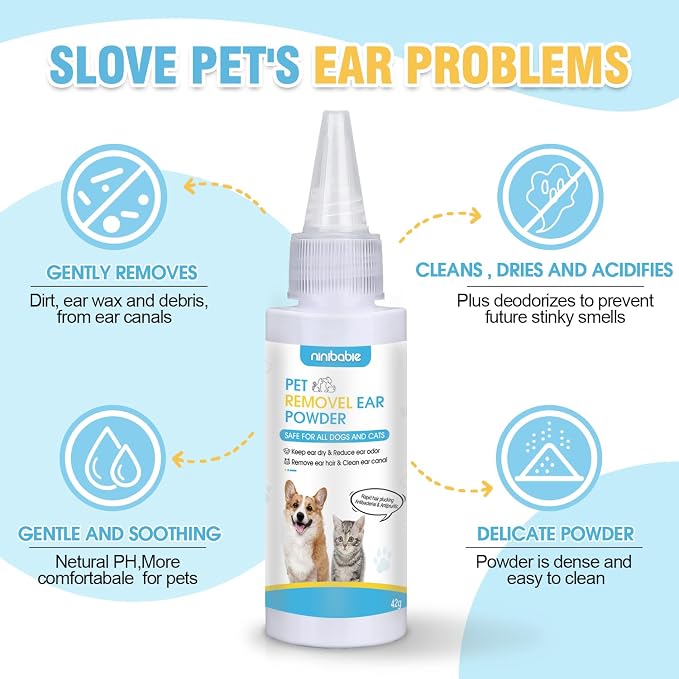 Dog Ear Powder for Hair Removal Kit, 42g, with Curved Grooming Tweezers