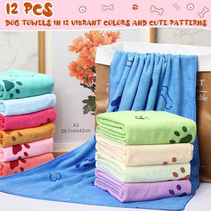 Irenare 12 Pack Dog Bath Towel Set 20'' x 39'' Microfiber Towels for Drying Dogs, Dog Drying Grooming Towel Absorbent Quick Soft Cat Shower Essential for Small Medium Puppy Pet(Multicolor)