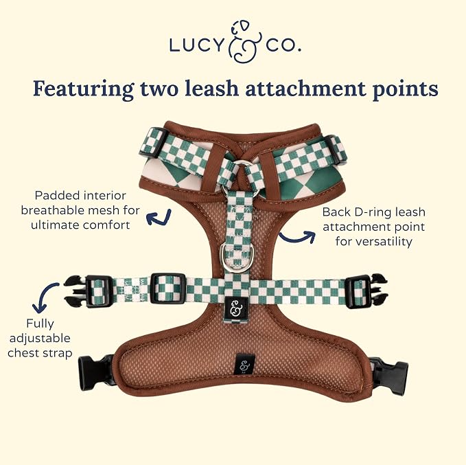 Lucy & Co. Cute No-Pull You're a Square Harness - Stop Pulling & Walk Easy - Harness Available in XS-XL for Small, Medium, and Large Dogs (X-Large, White & Green Checks)