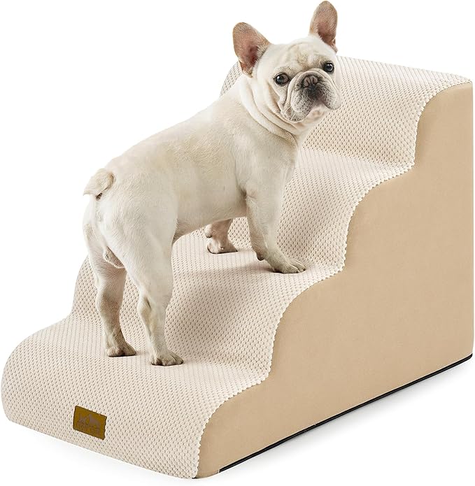 COZY KISS Wide Dog Stairs for Small Dog 19.7" H, 4 Step Pet Ramp for Bed | Curved Stable Dog Step for Puppy, Older Cat, Senior, Medium, Short-Legged Dog, Non-Slip Ladder, 17.7 inch Width, Grey