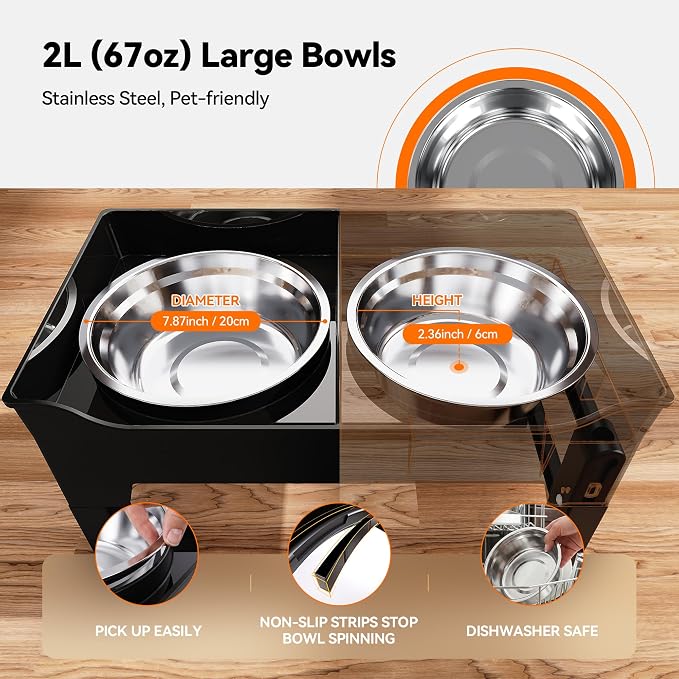 CZPET Elevated Dog Bowls Mess Proof with Splash Guard 4 Heights Adjustable Raised Stand with 2L (67 oz) Stainless Steel Bowls, Lifted Food Water Feeder for Small, Medium & Large Dogs