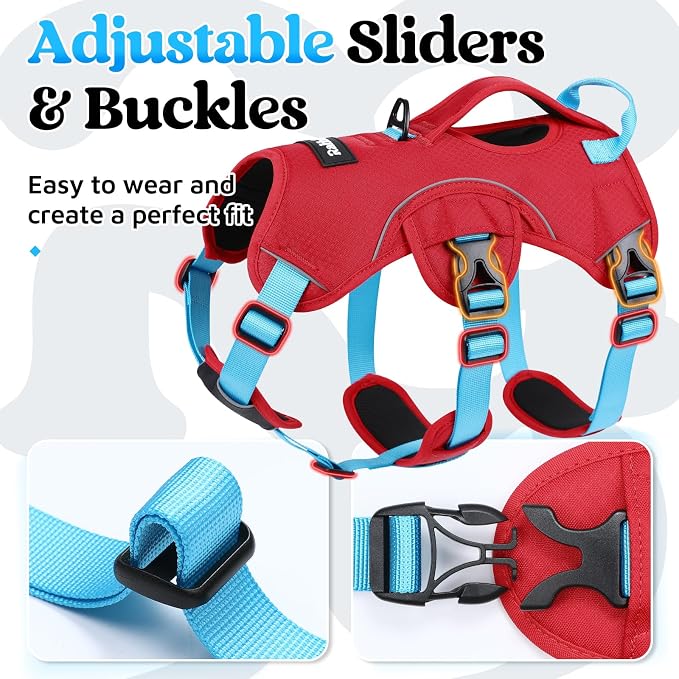 rabbitgoo Escape Proof Dog Harness for Medium, No Pull with Lift Handle | No Escape, Full Soft Padded, Reflective Adjustable Vest, Leash Clip for Walking Hiking Training, Sky Blue & Red, Medium