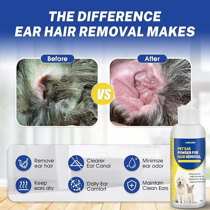 Dog Ear Hair Removal Kit with Ear Powder & 5.5" Curved Forceps