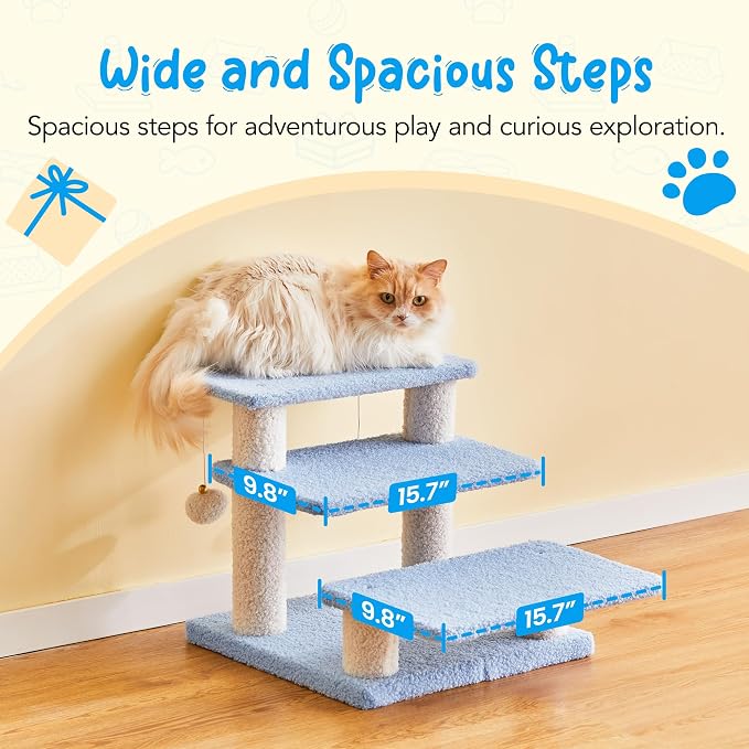15''H Multi-Step Pet Stairs for High Beds & Sofas, 3-Step Cat Stairs with 2 Toy Balls, Wide Boards for Indoor Kittens Dogs Pets Climbing, Blue