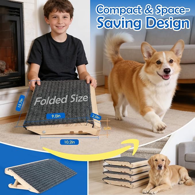 Adjustable Dog Ramp for Stairs, Foldable Wooden Dog Steps Anti-Slip | 4 Pack, Switch 4.3" or 5.5" Height, No Assembly, Gentle on Joints, for Senior & Injured Dogs, Natural Wood, 170 lbs