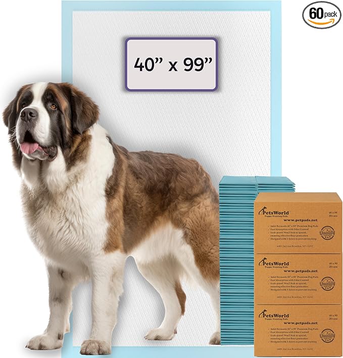 PETSWORLD Mega-Sized Dog Pee Pads (40" x 99") –4XL Gigantic Pet Piddle Pads for Puppy Training, Incontinence–Doggie Absorbent Mat with Adhesive Sticky Tape –Leak Proof, 5-Layer Protection (60 Count)