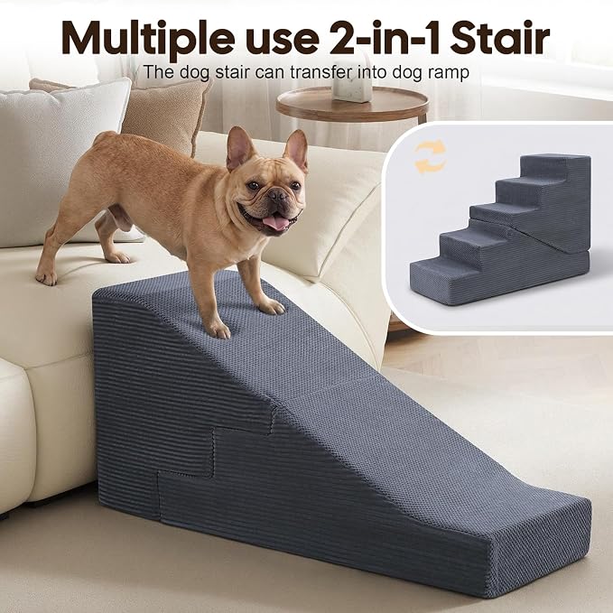 Dog Ramp for Bed Couch, 25.6" H Dog Stairs for Small Dogs, 2 in 1 Transformable 5-Step Pet Steps for Bed, Foldable Cats Ramp to Get on Bed, Non-Slip Balanced, Grey