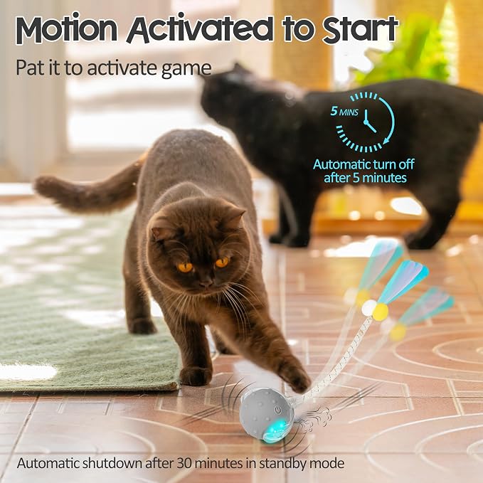Interactive Cat Toys Ball,Automatic Moving Ball Toy,Rechargeable | Smart Electric Moving Stimulating with Two Elastic Mesh Tails, Chirping & Obstacle Avoidance and Motion Activated, Grey