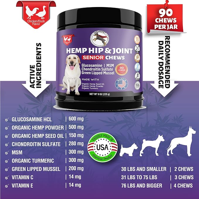 Mobility Hemp Oil Hip & Joint Supplement for Senior Dogs Chondroitin Glucosamine MSM Turmeric Green Lipped Mussel Extra Strength Formula for Dog 90 Chews